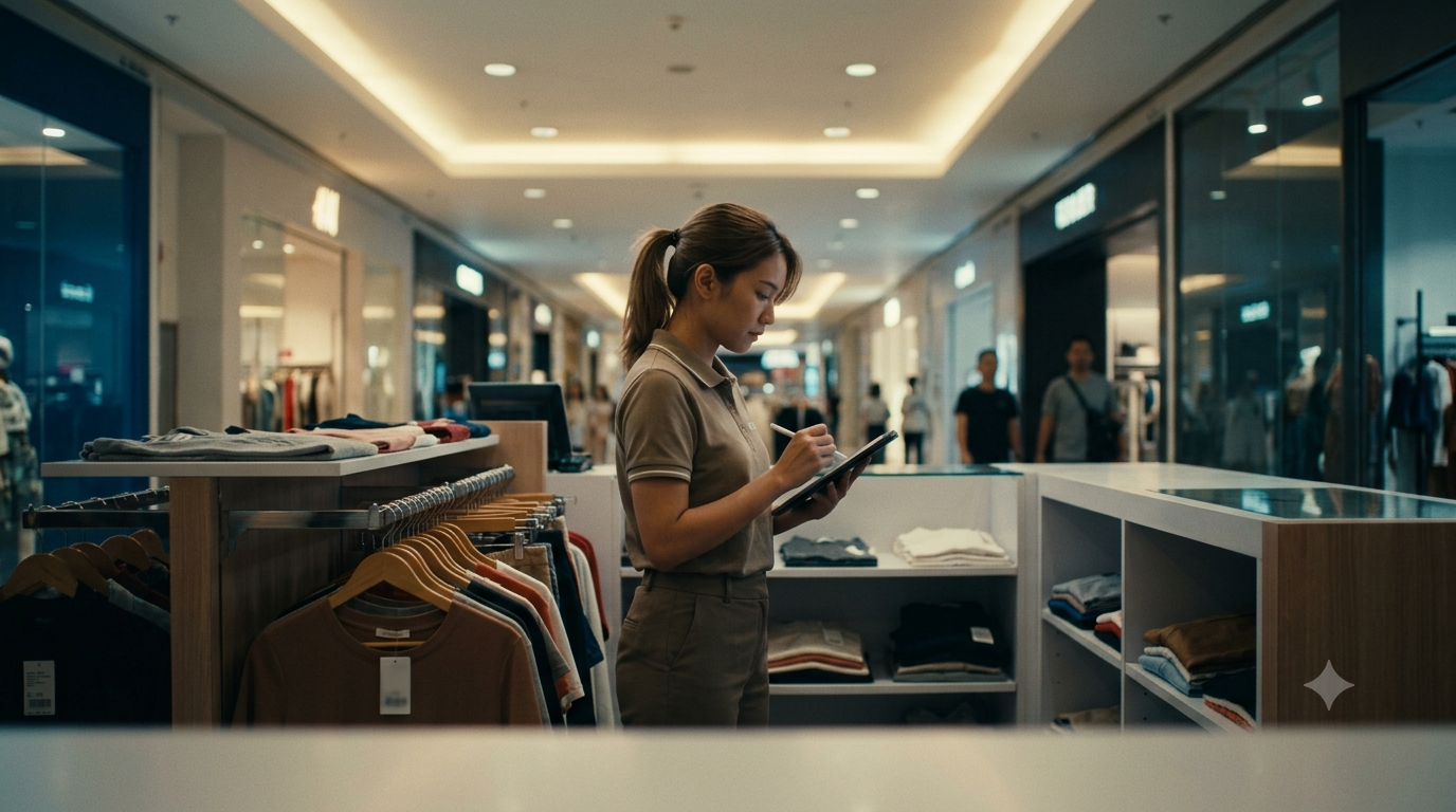 Retail consignment counter with staff checking stock on tablet