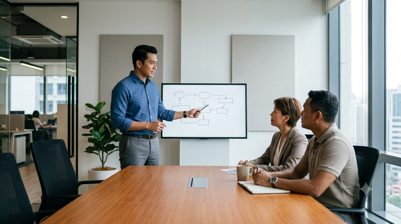 Consultant presenting direction to business owners in a meeting